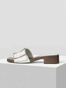 Mnmlis Fashionable & Versatile Wooden Slip-On Sandals With Large Buckle PU Wedge For Women - White - View 3