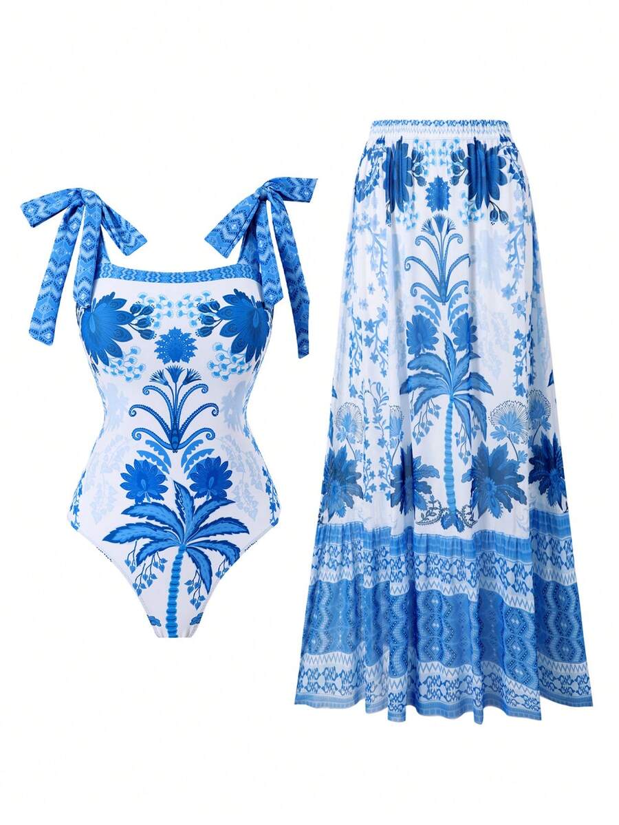 Swim Oasis Set de 2 piezas: Traje de baño de una pieza sin tirantes sexy y falda larga de malla para mujer, conjunto de playa para vacaciones - Multicolor - Ver 1