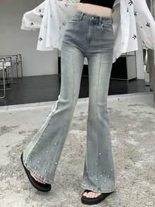DAZY Quần jeans ống loe dáng nhỏ dành cho nữ, đính đá lấp lánh, kiểu Hàn Quốc. - Màu xanh lam - Xem 5