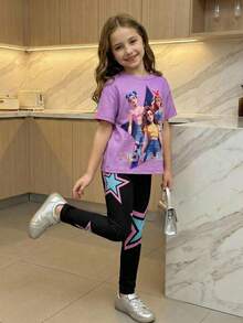 SHEIN 2pcs/Set Young Girl Purple K-Pop Cartoon Pattern Knit Soft Round Neck Short Sleeve T-Shirt And Elastic Waist Pants,Summer School Casual Outings Wear - Multicolor - View 3