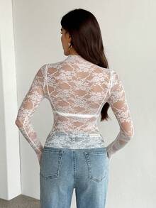 SHEIN Tall 2件套女士蕾丝网纱长袖性感上衣 - 彩色 - 查看 7