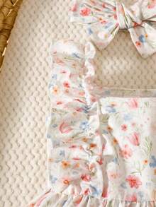 SHEIN 2pcs/Set Newborn Baby Girls Cute Summer Korean Sweet Princess Ditsy Floral Ruffle Bow Dress & Headband Set,Sleeveless High Waist A-Line Cake Dress - White - View 9