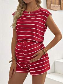 SHEIN Maternity Striped Print Round Neck Tie-Front Casual Jumpsuit, Summer - Red - View 5