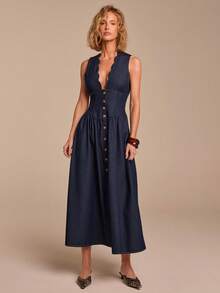 COSMINA Women's V-Neck Denim Dress, Casual Elegant Minimalist Denim Dress With Ruffle Hem - Navy Blue - View 4