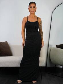 SAYEHFBABY Women's Winter Festival Rave Outfit Casual Party Date Night Luxury Chic Wedding Party Rhinestone Knit Black Slim Fit Long  Halter Top Dress For Elegant - Black - View 1