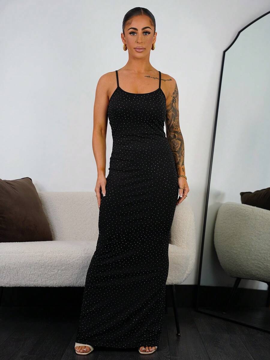 SAYEHFBABY Women's Winter Festival Rave Outfit Casual Party Date Night Luxury Chic Wedding Party Rhinestone Knit Black Slim Fit Long  Halter Top Dress For Elegant - Black - View 1