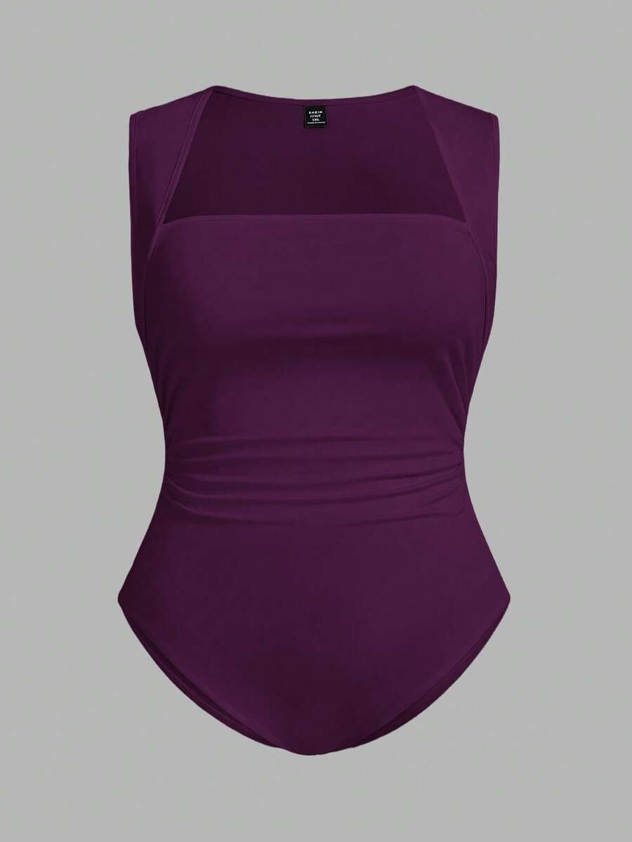 SHEIN Essnce Plus Size Women's Summer Casual Tight Tank Bodysuit, Summer , Curve , Brunch Outfit - Purple - View 1