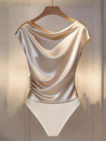 SHEIN Franclia Shiny Elastic Decorative Button Elegant Sexy Bodysuit For Women Satin Top Draped Top Gold Bodysuit Women Tops Elegant Gold Camisole Women's Elegant Top Gold Swimsuit Silk Tops Draped Satin Bodysuit Silk Bodysuit