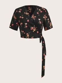lacRébo Wrap Crop Blouse With Floral Print And Deep V Neckline - Black - View 7