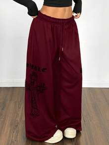 StreetHx Women's Punk Letter & Cross Print Wide Leg Sweatpants - Burgundy - View 7