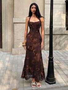 SHEIN Unity Women's Burgundy Halter Maxi Mermaid Dress, Luxury Embroidered Elegant Gown For Wedding, Party, Vacation, Night Club, Date, Autumn, Valentine's Day, Christmas - Coffee Brown - View 3
