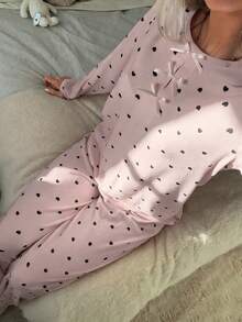 DAZY Set de pijama de 2 piezas con top de manga larga holgado y pantalón recto largo con estampado de corazón, ropa de dormir de primavera para mujer - Rosa - Ver 4