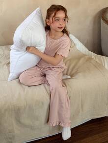 DAZY Tween Girl Striped Button Design Short Sleeve Top And Pants Pajama Set - Pink - View 2