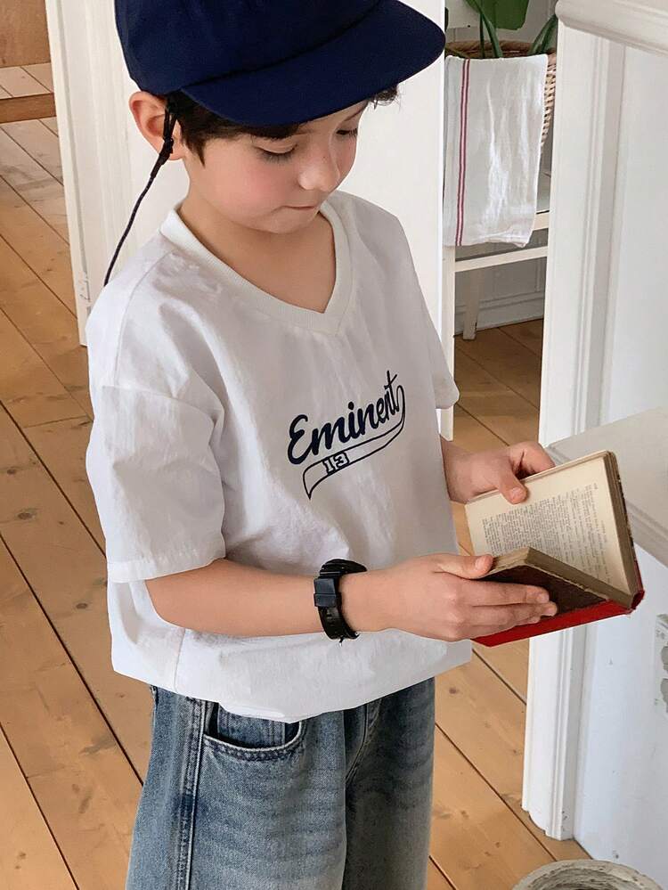 Young Boy V-Neck Letter Print Casual Short Sleeve T-Shirt Summer