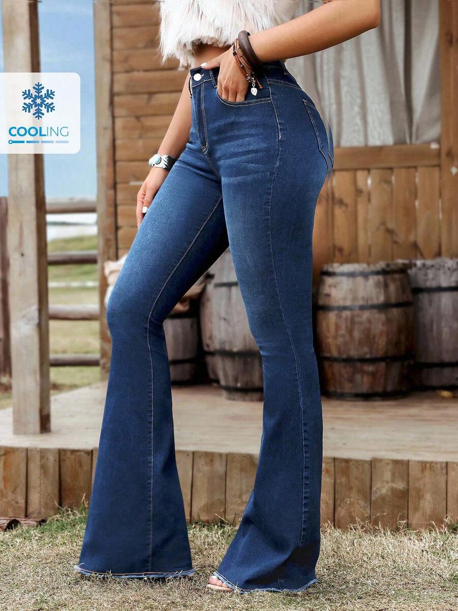EMERY ROSE Women's Casual Versatile Denim Flare Pants With Pockets - Medium Wash - View 1