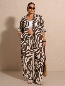 Elaquor Damen Große Größen Set aus Kimono Hemd und Hose mit Zebramuster, Langarm - Verschiedenfarbig - Übersicht 1