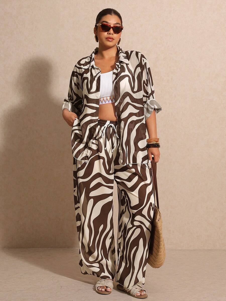 Elaquor Damen Große Größen Set aus Kimono Hemd und Hose mit Zebramuster, Langarm - Verschiedenfarbig - Übersicht 1