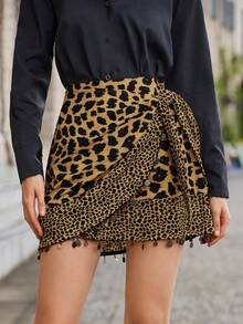 EMERY ROSE 豹纹绒球饰边裹身打结侧裙 - 咖啡棕 - 查看 6