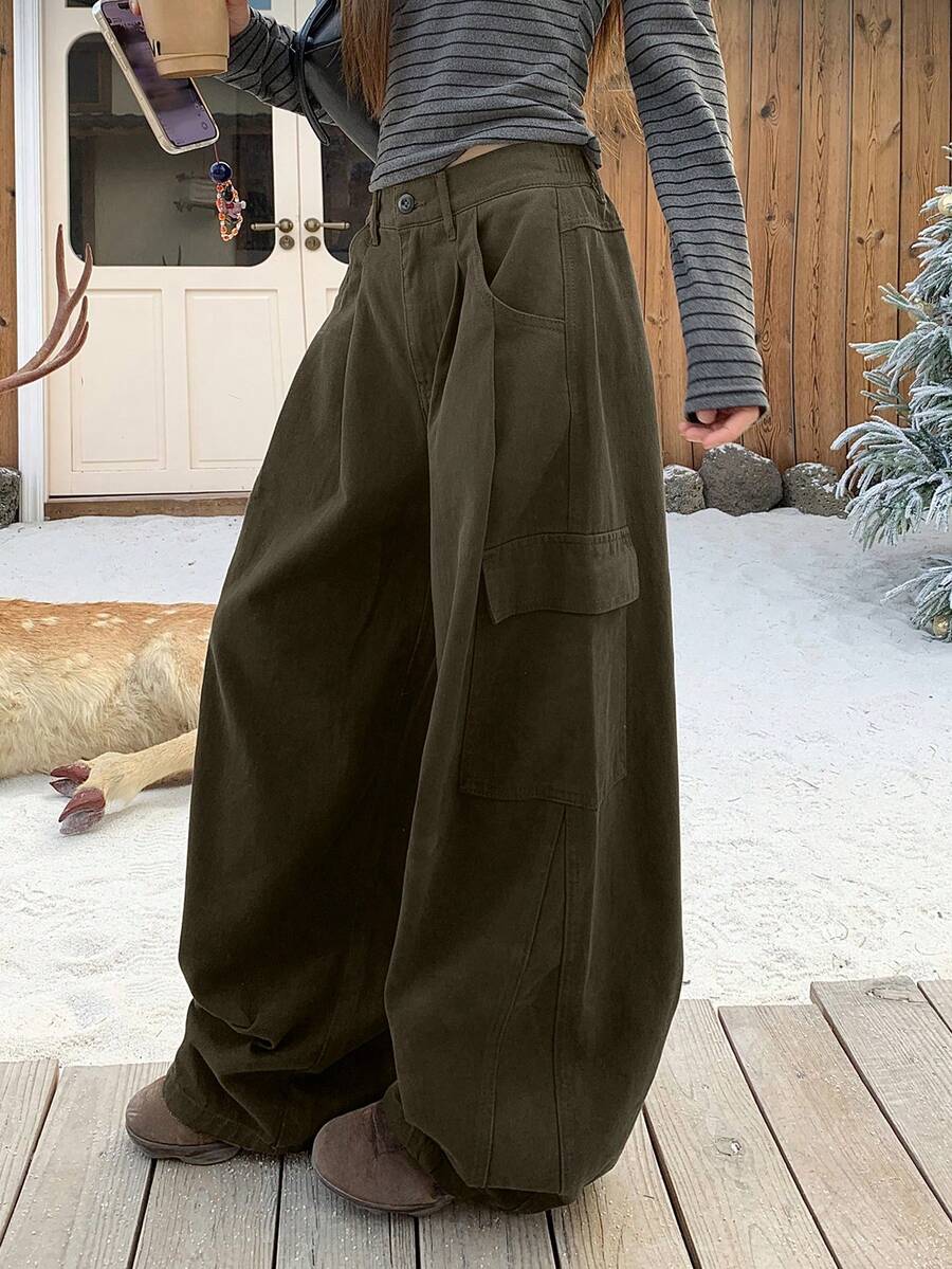 DAZY Jeans anchos y acampanados de unicolor y holgados para mujer - Verde militar - Ver 1