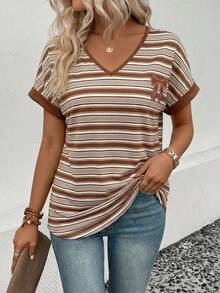 Selamara Women's Spring/Summer New Arrival Irregular Striped Bow Print V-Neck Short Sleeve Casual Versatile T-Shirt - Multicolor - View 4