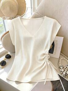 Franclia Elegant T-Shirt Short-Sleeved T-Shirt White T-Shirt Drawstring Design T-Shirt Women's Elegant T-Shirt Versatile T-Shirt Women's Casual Vacation T-Shirt Women's Outing T-Shirt Women's Commuting Wear Women's Spring And Summer T-Shirt Women's Graduation Season T-Shirt - White - View 1