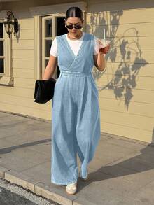 Dazy Plus Vintage Washed Blue Sexy Deep V-Neck Sleeveless Denim Jumpsuit, Plus Size For Women, Spring/Autumn - Baby Blue - View 5