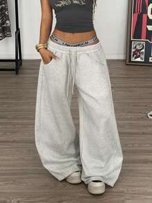 Muchica Grey Knitted Curved Track Pants, Women's Drawstring Waist, Slanted Pockets, Casual Wide-Leg Pants - Grey - View 4