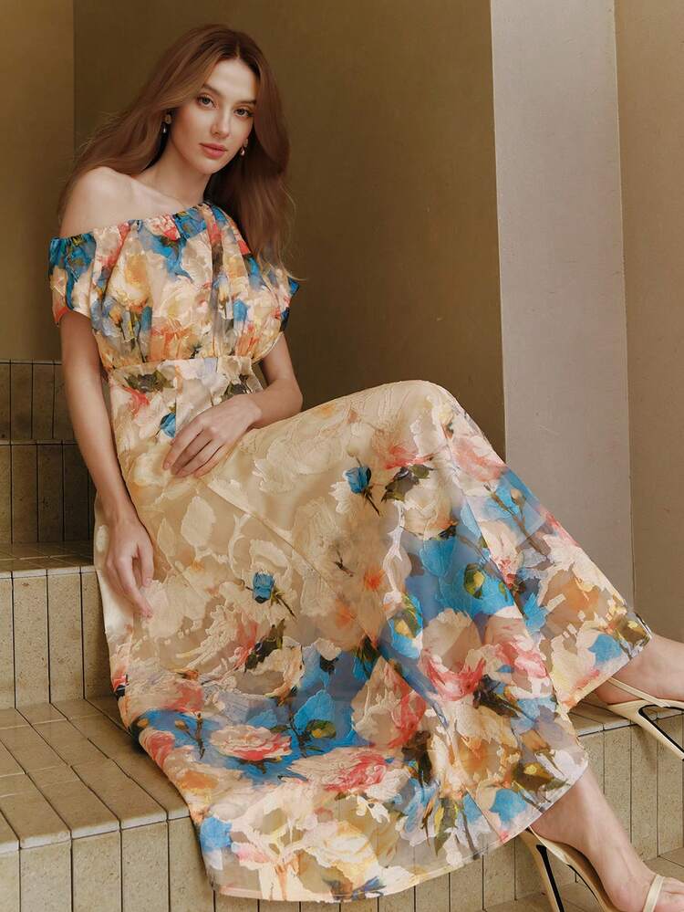 French High-End Asymmetric Shoulder Romantic Floral Print Elegant Long Dress For Women