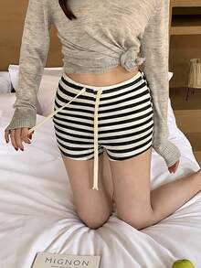 K-Vae Black & White Striped Print Drawstring Waist Slim Fit Casual Shorts, Summer - Black and White - View 3