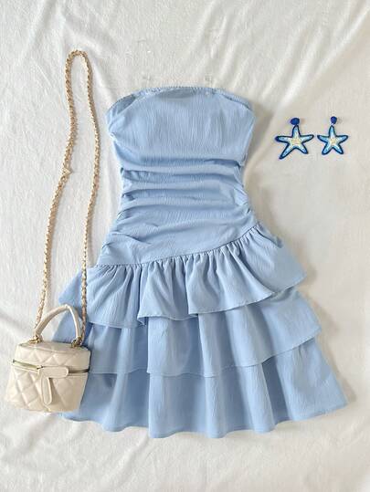 Girlism Tween Girls' Summer Casual Vacation Minimalist Comfortable Layered Ruffle Trim Tube Top Dress