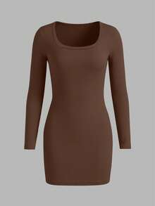 Set de 3 vestidos casuales de manga larga, cuello cuadrado y ajustados de unicolor para mujer - Multicolor - Ver 3