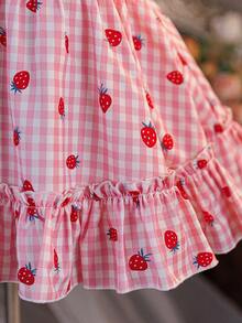 SHEIN 女婴格子草莓图案圆领荷叶边下摆休闲连衣裙 - 彩色 - 查看 6