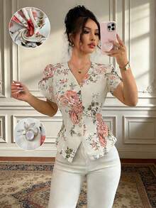 Rafferiza 女士优雅印花前开襟纽扣荷叶边袖修身衬衫，夏季 - 彩色 - 查看 1