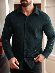Manfinity AFTRDRK Men's Casual Shiny Button-Front Long Sleeve Shirt, Autumn - Dark Green - View 3