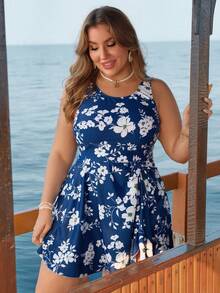 Swim Lushoire Plus Size Women's Modest Tankini Swimsuit 2-Piece Set, Digital Printed Bowknot Decor, Beach Party Holiday Swimming Costume - Navy Blue - View 4
