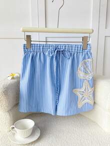GlowEve Blue & White Striped Starfish & Shell Embroidered Women Shorts, Vacation - Blue - View 3