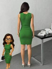 Vestido corto ceñido de tejido de canalé sin mangas de cuello redond - Verde - Ver 3