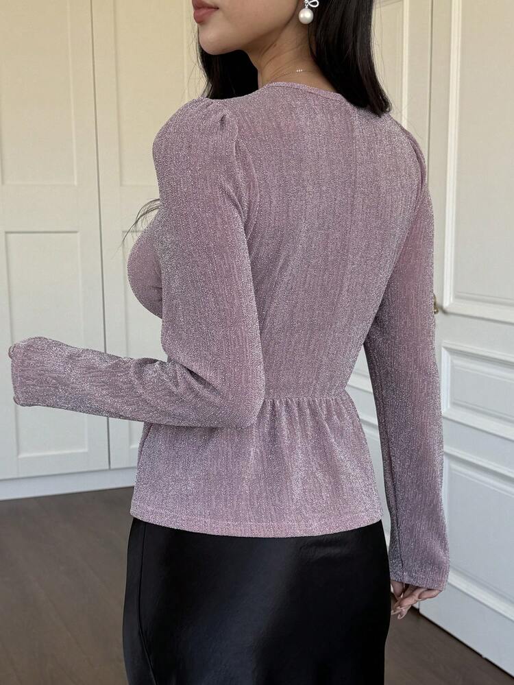 Women's Elegant Lace Patchwork V-Neck Puff Sleeve Blouse, Spring Long Sleeve Tops Women