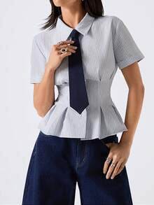 LYSMO 2026 New Arrive Minimalism Spring/Summer Women's Fashionable Striped Tie Collar Blouse,Stylish Women's Blouses/Casual Blouses For Women,Striped/Casual - Baby Blue - View 3