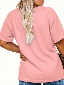 EMERY ROSE Women Plus Size New York Letter Print T-Shirt,Pastel Pink Summer Casual Loose Mid-Length Short Sleeve Round Neck Graphic Tees Everyday Back-To-School - Pink - View 2