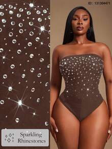 Radiana 优雅性感棕色网纱水晶连体衣，露肩紧身水钻连体衣，派对上衣，适合舞会、情人节、音乐节、演唱会、晚宴、正式活动、高贵典雅、别具一格的场合，也适合假日、约会之夜、聚会、生日、单身派对、鸡尾酒会等。 - 棕色 - 查看 11