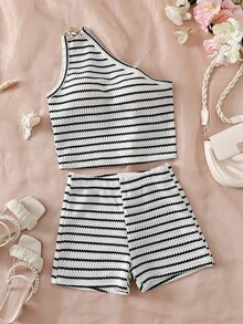 少女条纹不对称肩背心和短裤套装 - 黑與白 - 查看 8