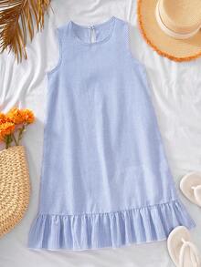 少女春夏度假北欧休闲日常通勤圆领无袖荷叶边下摆娃娃裙，条纹亚麻连衣裙 - 藍色 - 查看 1