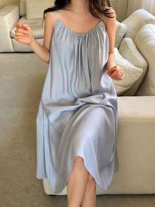 DAZY 女士休闲褶皱吊带中长连衣裙，夏季家居服 - 藍色 - 查看 1