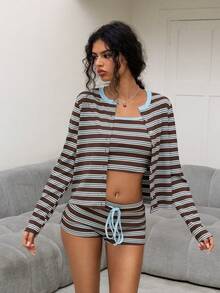 Sweetina 女士休闲条纹开襟羊毛衫 - 藍色 - 查看 3