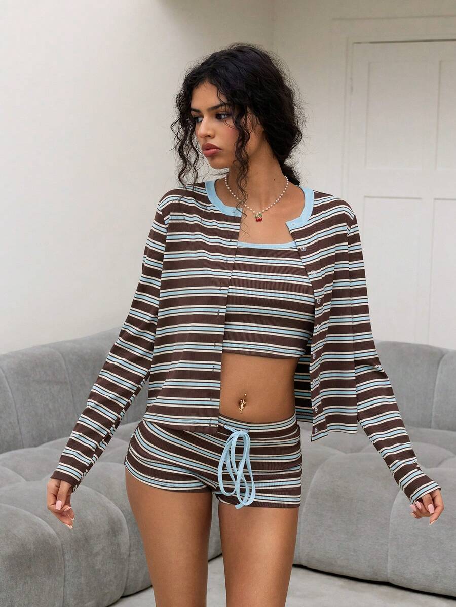 Sweetina Randig kofta med öppen framsida för kvinnor, avslappnad - Blå - Visa 1