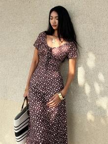 SHEIN Unity Women's Casual Ditsy Floral Round Neck Dress, Summer - Coffee Brown - View 6