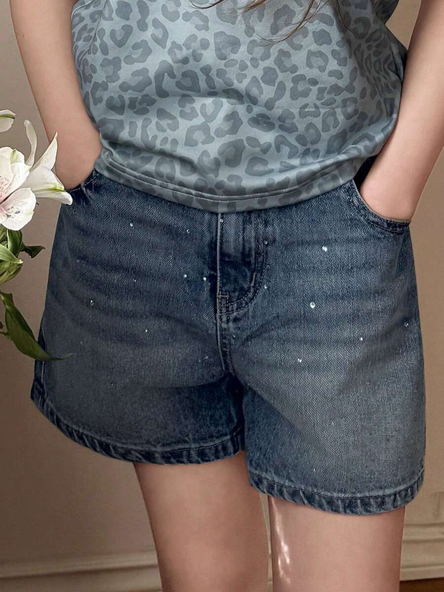 DAZY Tween Girls Rhinestone Embellished Casual Denim Shorts - Dark Wash - View 1
