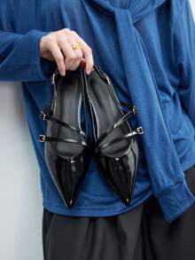 CUCCOO BIZCHIC 女士尖头黑色漆皮后带极简主义鞋，适合通勤和日常穿着 - 黑色 - 查看 5