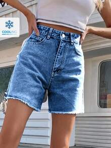 EMERY ROSE Shorts vaqueros de mujer con dobladillo deshilachado y lavado casual - Azul lavado medio - Ver 1